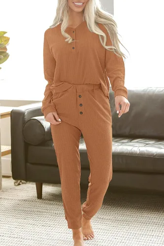 Vista 7 de PRETTYGARDEN Conjunto de 2 piezas para mujer, de punto gofre, camiseta Henley de manga larga y pantalones deportivos