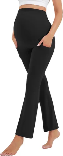 Vista 5 de HEGALY Leggings acampanados de maternidad para mujer sobre el vientre, pantalones casuales de yoga para embarazo, con bolsillos, suaves como