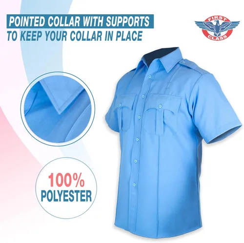 Vista 4 de First Class camisa celeste manga corta para uniforme 100 % de poliéster para hombre