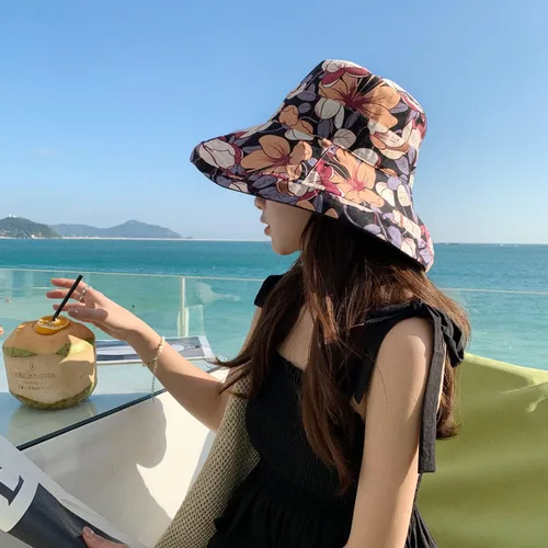 Vista 7 de HUAMULAN Sombrero de sol de verano para mujer, ala ancha, borde con alambre, floral, playa, cubo, sombreros reversibles, plegables, protección UV