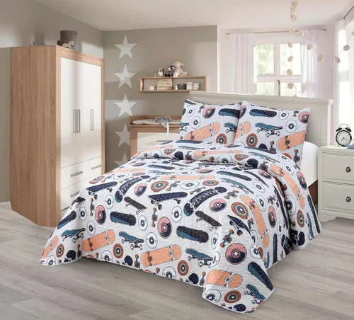 Vista 3 de Kids Zone Collection - Juego de colcha acolchada para niños y adolescentes, diseño de baloncesto y fútbol, azul marino y blanco, tamaño individual