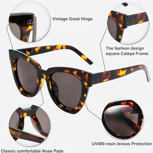 Vista 4 de Ayaoch Lentes de sol retro con diseño de ojo de gato, montura cuadrada, protección UV para mujeres y hombres (concha de tortuga + gris), Careygris