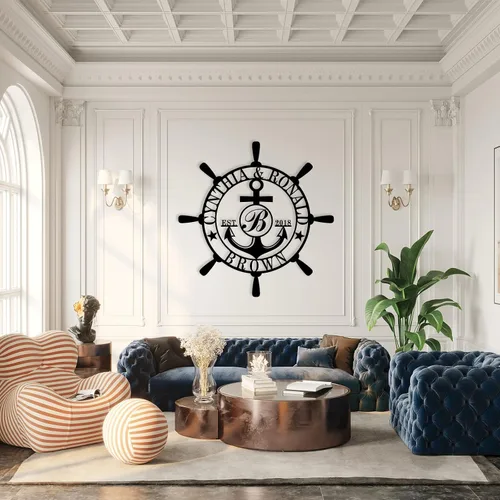Vista 4 de Letrero personalizado con nombre de familia, decoración de pared náutica, letrero de metal con brújula de ancla, letrero de monograma de letra