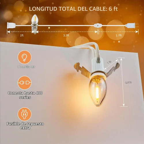 Vista 4 de Paquete de 2 cables de accesorios encadenables con bombilla LED C7, cable de luz de molde soplado interior de 6 ft con enchufes macho y hembra
