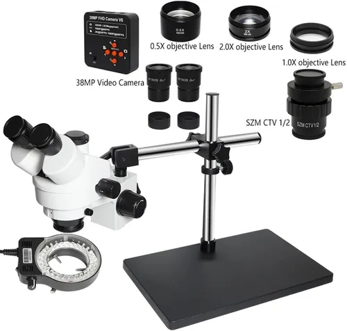 Vista 2 de Kit de accesorios para microscopios 3.5X-90X Soporte de brazo doble Simul Focal Trinocular Estéreo Microscopio 38MP H_D Digital USB Microscopio VGA