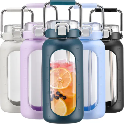 Vista 23 de BLUEGO Botella de agua de vidrio de 64 onzas con mango de acero inoxidable, botella de agua grande con marcadores de tiempo y funda de silicona Ámbar