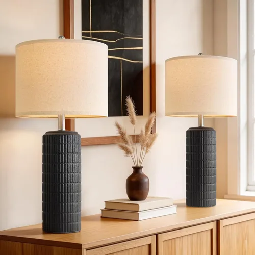 Vista 13 de PoKat Juego de 2 lámparas de mesa de cerámica gris oscuro de 23 pulgadas para sala de estar, lámparas de noche modernas para dormitorio, lámpara