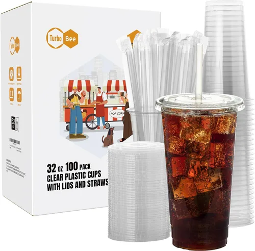 Vista 8 de Turbo Bee - 25 juegos de vasos de plástico transparente de 32 oz con tapas y popotes desechables para llevar, vasos con tapas para café helado