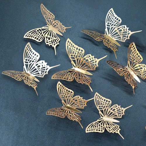 Vista 7 de Cheerland Calcomanías 3D de pared de mariposa dorada champán de papel de mariposas, calcomanías de mural extraíbles para sala de estar, dormitorio