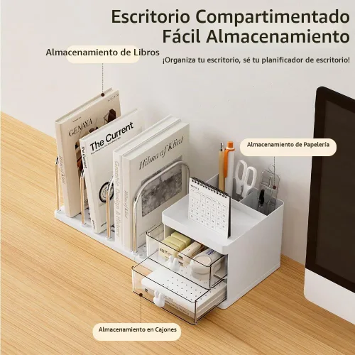 Vista 6 de Organizador de escritorio con sujetalibros, caja de almacenamiento