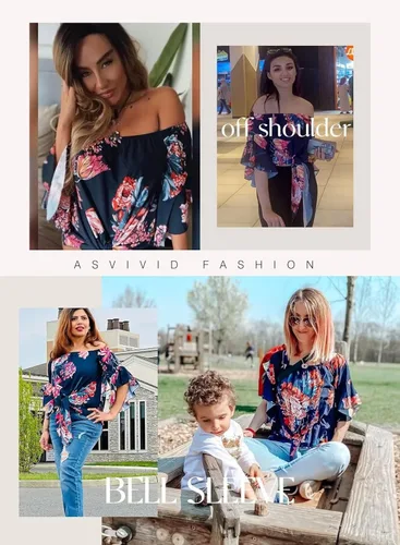Vista 4 de Asvivid - Blusas veraniegas de hombros descubiertos, con mangas de 34 acampanadas, lazo decorativo y estampado floral, para mujer, camiseta