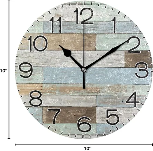 Vista 8 de Reloj de pared de madera azul y marrón, estilo rústico costero, decorativo, redondo, funciona con pilas, sin tictac, silencioso, cuarzo analógico
