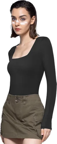 Vista 3 de PUMIEY Body sexy de manga larga con cuello cuadrado para mujer, colección Smoke Cloud