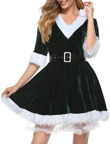 Vista 4 de Wrrkayly Disfraz de Papá Noel para mujer, de terciopelo, con capucha, vestido de Navidad, sexy, juego de rol, cosplay, vestido de fiesta