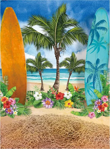 Vista 6 de Allenjoy Fondos de fondo de verano y playa para fotografía, cielo azul, playa, tabla de surf, palmeras tropicales, para niños y niñas, cartel