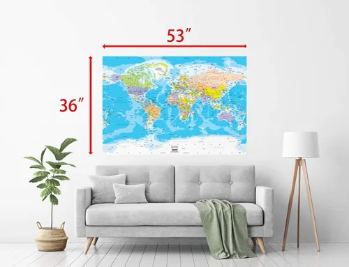 Vista 3 de Academia Maps Vinilo decorativo grande de 53 x 36 pulgadas con mapa del mundo del océano azul Papel tapiz fácil de colgar para pegar y despegar