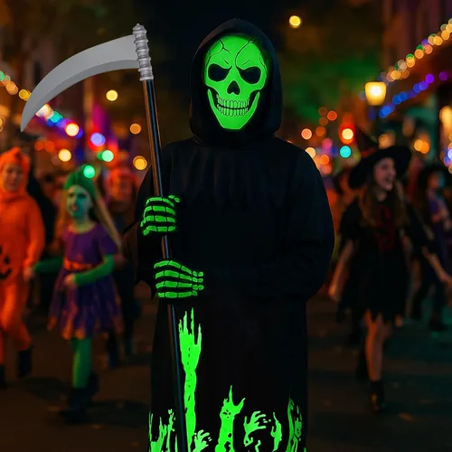 Vista 4 de MEJORMEN Disfraz de parca que brilla en la oscuridad para niños y niños, disfraz de fantasma aterrador de Halloween con guadaña, máscara de calavera