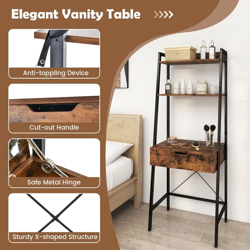 Vista 6 de CHARMAID Juego de escritorio de tocador de escalera – Mesa de tocador de maquillaje con espejo abatible, taburete acolchado, 4 compartimentos