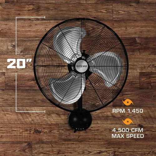 Vista 5 de Ventilador de pared de metal oscilante Hurricane Pro de alta velocidad con 3 velocidades, color negro, de 20 pulgadas - Unidad de enfriamiento