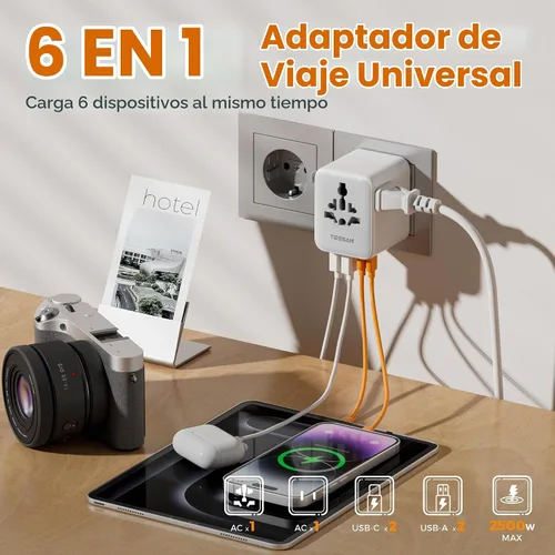 Vista 4 de Adaptador universal de viaje TESSAN, adaptador de corriente en todo el mundo Gris y blanco-20W