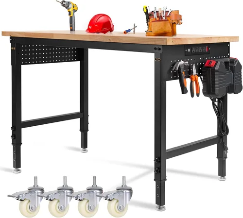 Vista 10 de Banco de trabajo de altura ajustable de 48 x 24 pulgadas, banco de trabajo resistente para garaje con estante debajo de la mesa, mesa de trabajo