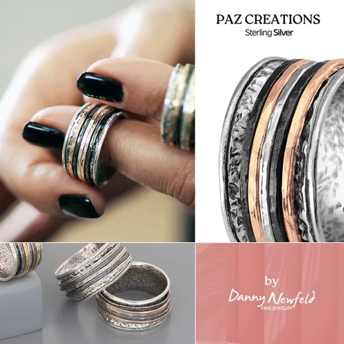 Vista 4 de Paz Creations - Anillos giratorios de plata de ley 925 para mujeres y hombres, anillo de meditación de banda gruesa con patrón martillado, joyería