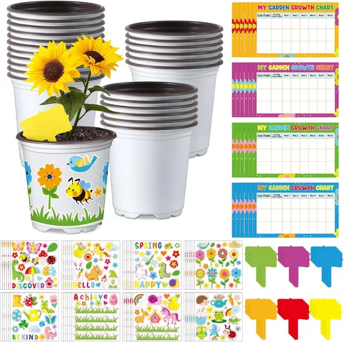 Vista 8 de Capoda Juego de 24 macetas de jardín, kit de manualidades, macetas de plástico de primavera para vivero con calcomanías, tablas de crecimiento