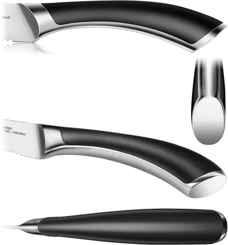 Vista 6 de WELLSTAR Juego de 4 cuchillos para carne, hoja dentada de acero inoxidable alemán resistente a la corrosión, mango ergonómico de espiga completa