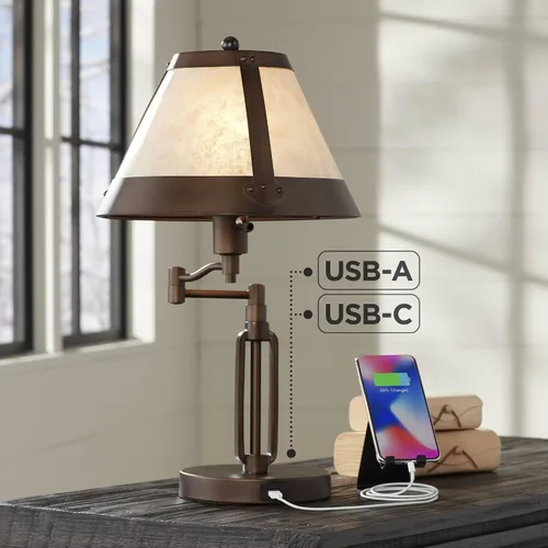 Vista 8 de Samuel 21 1/4" de bronce alto marrón lámpara de escritorio USB mica sombra brazo oscilante Puertos USB rústicos naturales A+C carga sala de estar