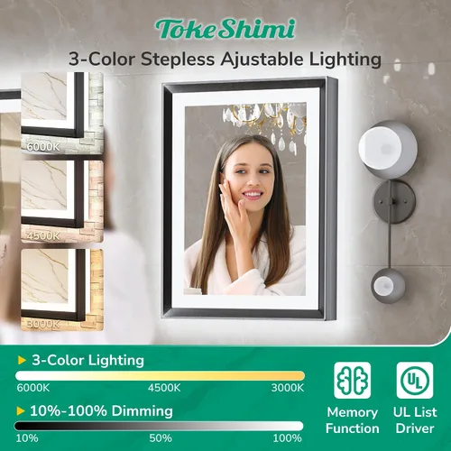 Vista 5 de TokeShimi Espejo de baño con marco negro de 40 x 30 pulgadas con luces delanteras y retroiluminación de aleación de aluminio rectangular, borde
