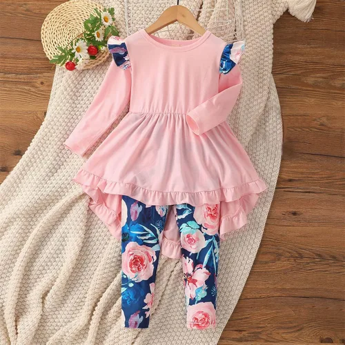Vista 2 de TBUIALL Ropa para niñas pequeñas, conjunto de pantalones de flores para bebé, manga larga, con volantes, vestido floral para niña pequeña