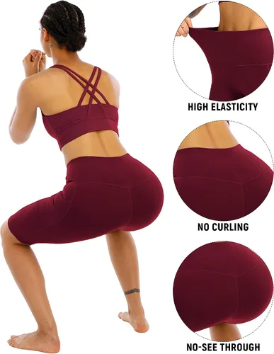 Vista 4 de WHOUARE Paquete de 4 pantalones cortos de yoga con bolsillos para mujer, cintura alta, atléticos, correr, entrenamiento, gimnasio, control de abdomen