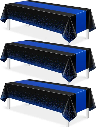 Vista 43 de MASHAN 1 mantel negro y azul para decoración de fiesta, mantel de plástico negro impreso azul, funda rectangular desechable para cumpleaños, boda