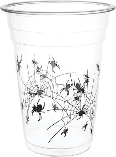 Vista 5 de Party Essentials 20 vasos de plástico duro de 2 onzas con estampado de araña, para Halloween, transparente/negro