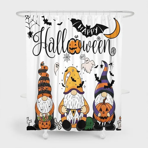 Vista 3 de Cortina de ducha de gnomos de Halloween de 72 x 78 pulgadas, cortinas de baño de tela de otoño con diseño de caricaturas, calabaza, bruja, escoba