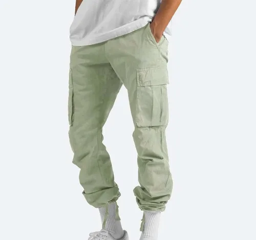 Vista 2 de Pantalones cargo para hombre, ajuste relajado, casual, delgado, playa, trabajo, calle, color caqui, pantalones holgados con bolsillos