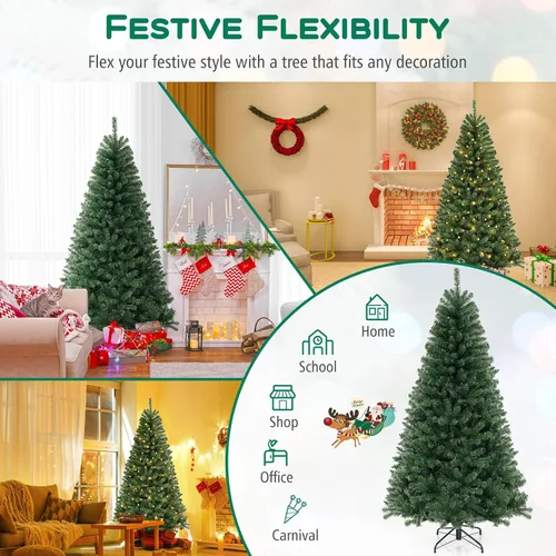 Vista 6 de DORTALA Árbol de Navidad artificial verde preiluminado de 7 pies, con bisagras, con 250 luces LED blancas cálidas, 8 modos de iluminación, 830