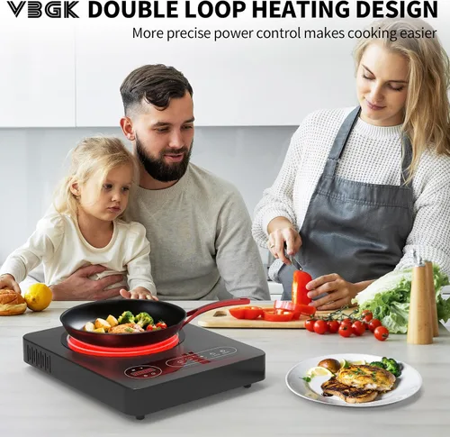 Vista 2 de VBGK Cocina eléctrica de un solo quemador, estufa eléctrica de 110 V 1800 W con control táctil LED, 10 niveles de potencia, temporizador de 4 horas