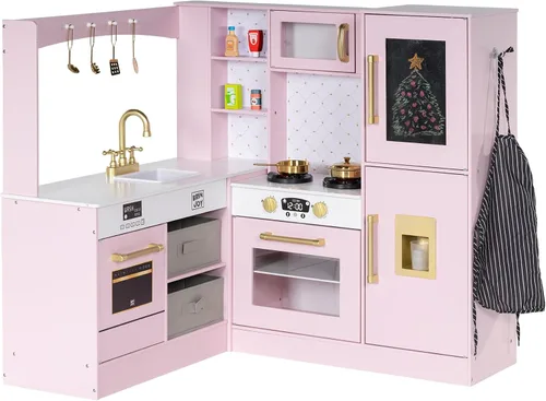 Vista 10 de BRINJOY Cocina de Juego de Esquina para Niños, Juego de Cocina de Madera para Niños Pequeños con Grifo, Fregadero, Microondas, Horno, Delantal