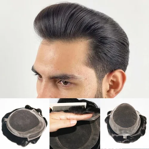 Vista 5 de Línea capilar natural tipo tupé de encaje francés con sistema de peluca de cabello humano PU para hombre, micro nudos para prótesis capilar