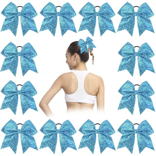Vista 17 de Oaoleer 12 lazos grandes con purpurina para el pelo de 7 pulgadas, banda elástica hecha a mano para animadoras, adolescentes, niñas, deportes Negro