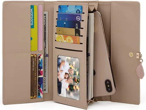 Vista 8 de UTO - Cartera pequeña RFID de piel sintética con dije de hoja, cierre de cremallera y tarjetero.