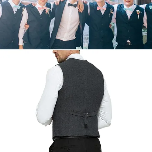 Vista 5 de Chaleco formal de tweed en espiga para hombre, casual, con solapa para padrino de boda, chaqueta vintage, chaleco de vestir para fiesta de trabajo