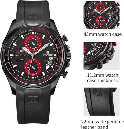 Vista 3 de Men's Sports Black Quartz Watch with Cool Luminous Hands Multi-Functional Chronograph - Lightweight, Breathable, Skin-Friendly Rubber Strap Original
