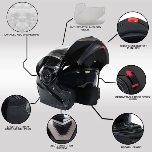Vista 2 de Milwaukee Helmets MPH9806DOT Ionized Gloss Black Advanced Motorcycle Modular Helmet Biker w/ Drop Down Visor