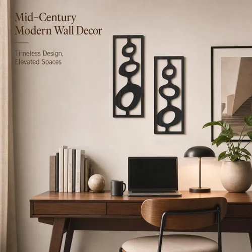 Vista 9 de Zzbakress 2 piezas de arte de pared de mediados de siglo moderno geométrico Negro