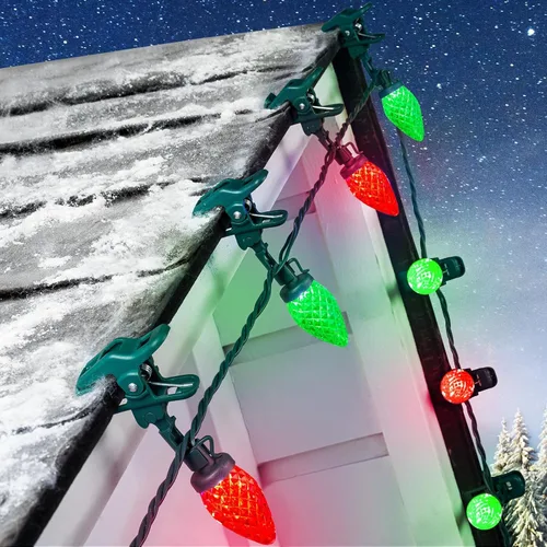 Vista 12 de Luces LED C9 de Navidad para exteriores, 68 pies, 100 luces LED de fresa con 100 abrazaderas de resorte, impermeable, grado comercial, extensible