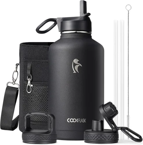 Vista 34 de Coolflask Botella de agua de 20 onzas aislada con pajilla, 3 tapas de metal de acero inoxidable, botella de agua de boca ancha para deportes u