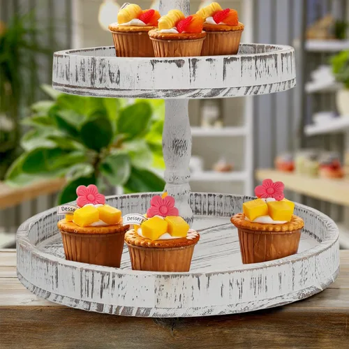 Vista 6 de AONEHOME Soporte de bandeja de 2 niveles, bandejas decorativas blancas con niveles - Soporte para cupcakes de 2 niveles - Bandeja de servir de 2