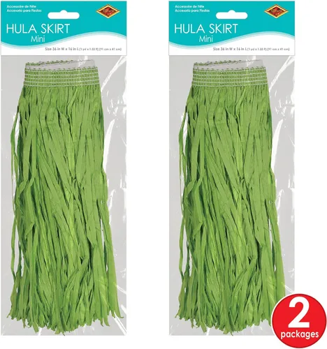 Vista 6 de Beistle Minifaldas hula para adultos en verde, paquete de 2 accesorios de fiesta hawaiana, disfraz de falda de hierba para fiesta de surf, playa